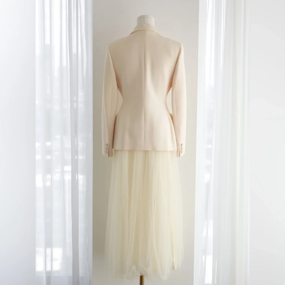 Dior 30 Montaigne Bar Jacket Off-White Ecru Plumetis Tulle Skirt Set FR38